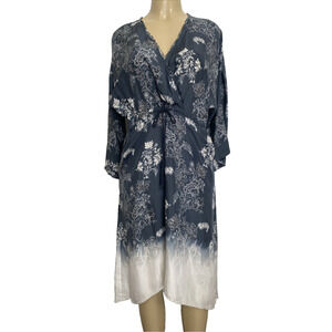 NWT Go by Go Silk Dress Kimono Gray Floral Drawstring V Neck Midi Long Sleeve XS